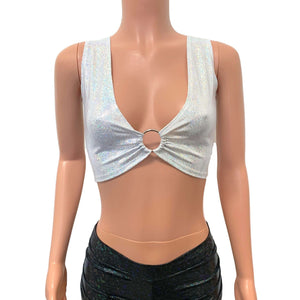 Silver on White Holographic Ring Crop Top - Peridot Clothing