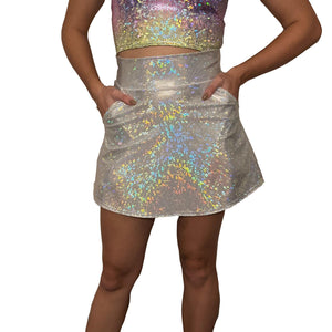 Silver on White Shattered Glass A-line Skirt w/Optional Pockets - Peridot Clothing