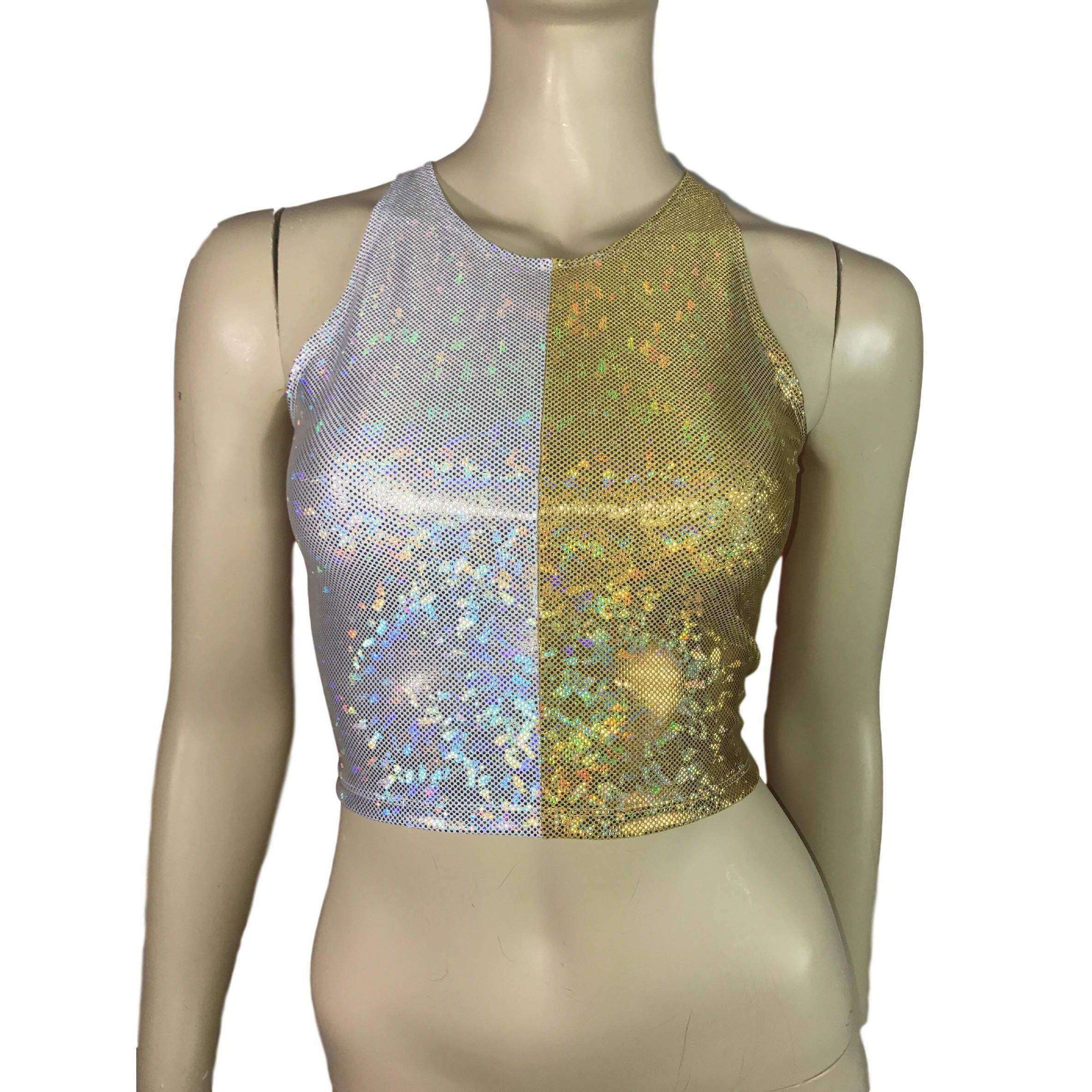 【ROCKCAKE】Glass Glitter Crop Top Silver/Gold Holographic Shattered Glass Crop Top - bodycon
