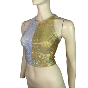 Silver/Gold Holographic Shattered Glass Crop Top - bodycon Clubwear, Rave Wear, Activewear, Running, Yoga, crossfit - Peridot Clothing