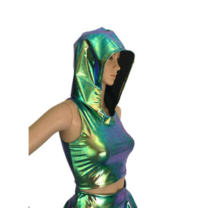 Sleeveless Cropped Hoodie - Oil Slick Holographic - Peridot Clothing