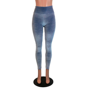 Smoky Blue Velvet High Waisted Leggings Pants - Peridot Clothing