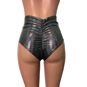 Panel Scrunch Bikini - High Waist - Gleaming Silver and Spider Web Holographic - Peridot Clothing