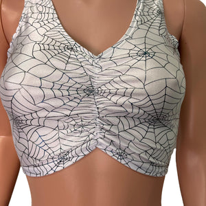 Holographic Spider Web on White Ruched Crop Top Tank - Peridot Clothing
