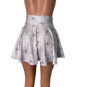 Holographic Spider Web on White High Waisted Skater Skirt - Peridot Clothing