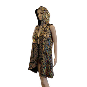 Unisex Hooded Sleeveless Rave Kimono Robe - Gold Glass Pane Holographic - Peridot Clothing