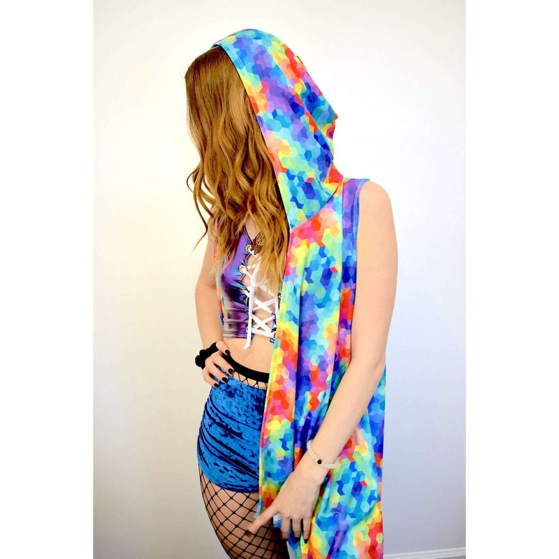 Unisex Hooded Sleeveless Rave Kimono Robe - Rainbow Geo - Peridot Clothing