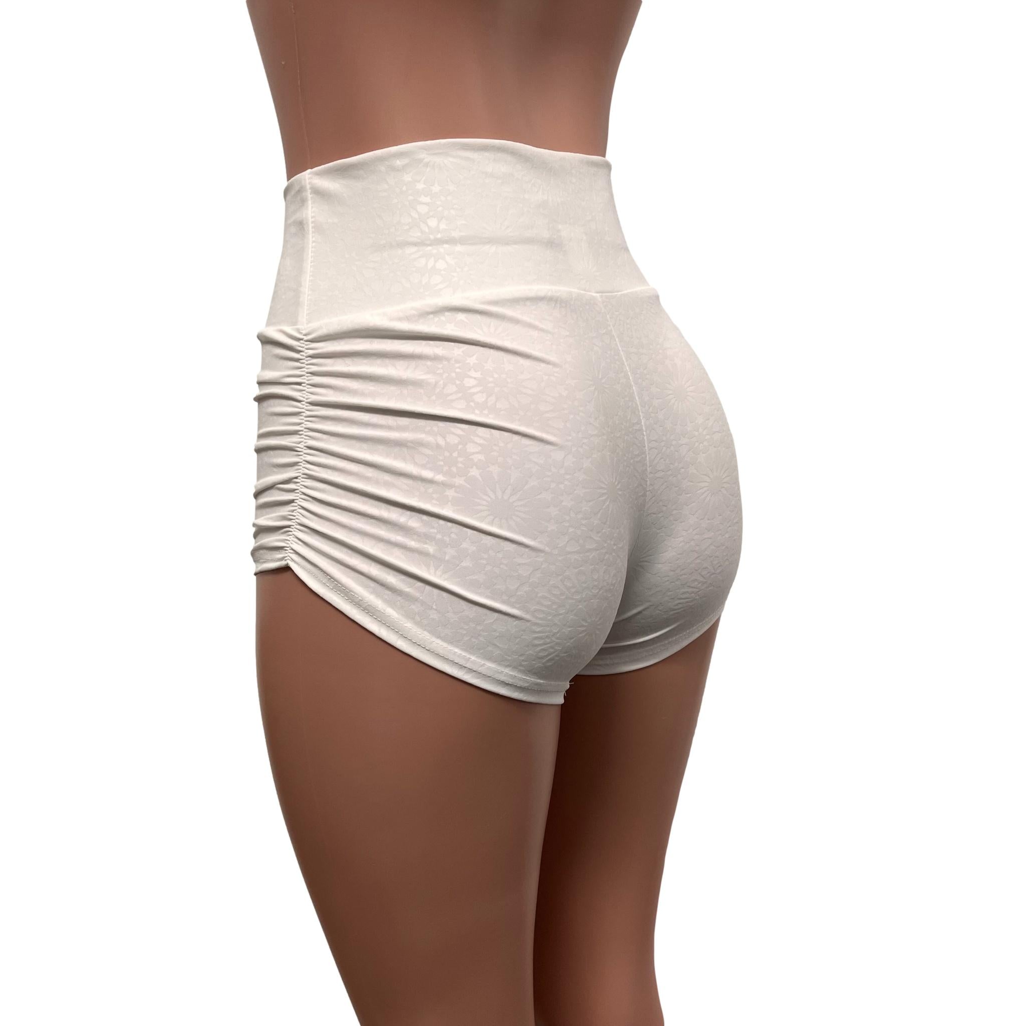 White Embossed Ruched Booty Shorts - Choose Low-Rise, Mid-Rise, Or Hig–  Peridot Clothing