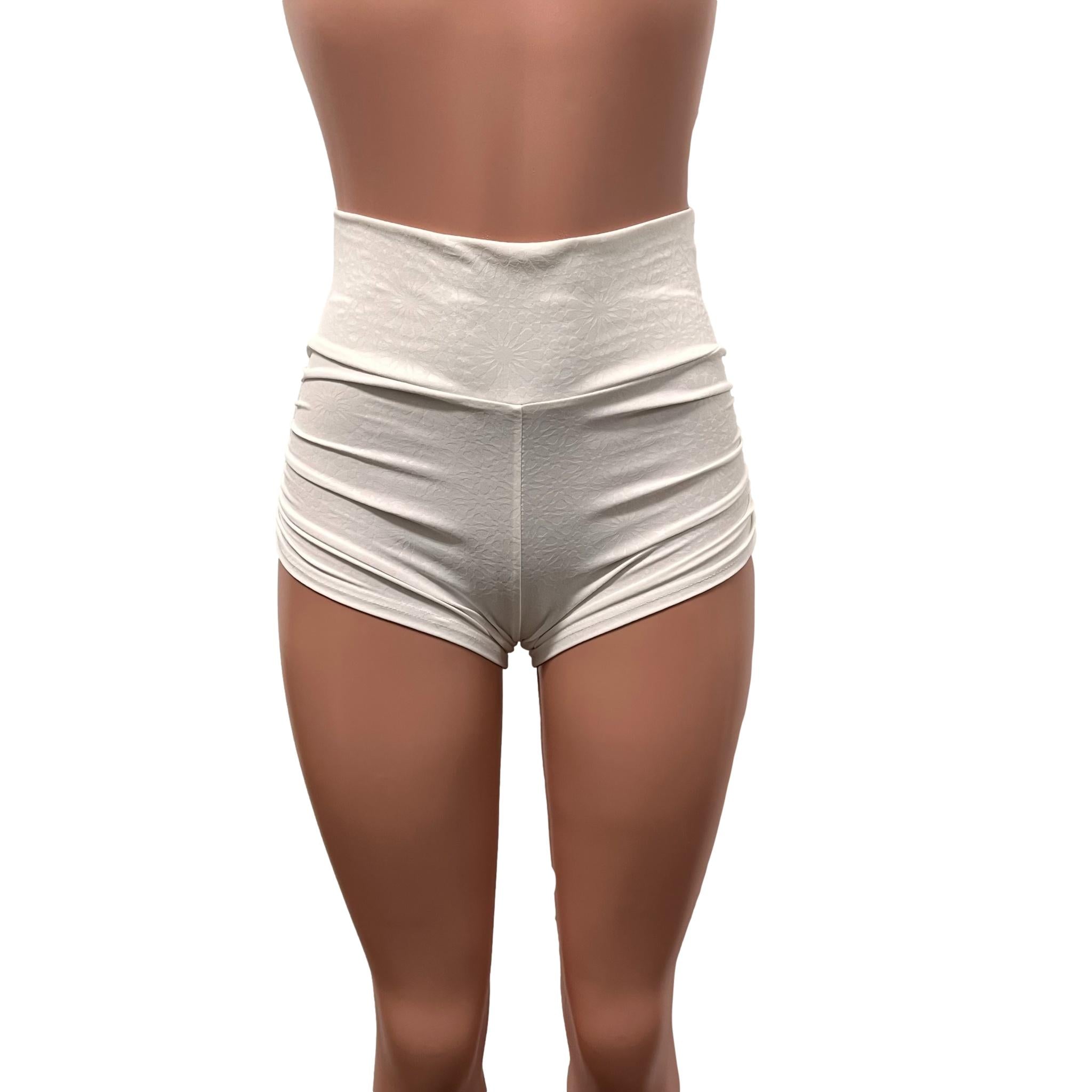 White Embossed Ruched Booty Shorts - Choose Low-Rise, Mid-Rise, Or