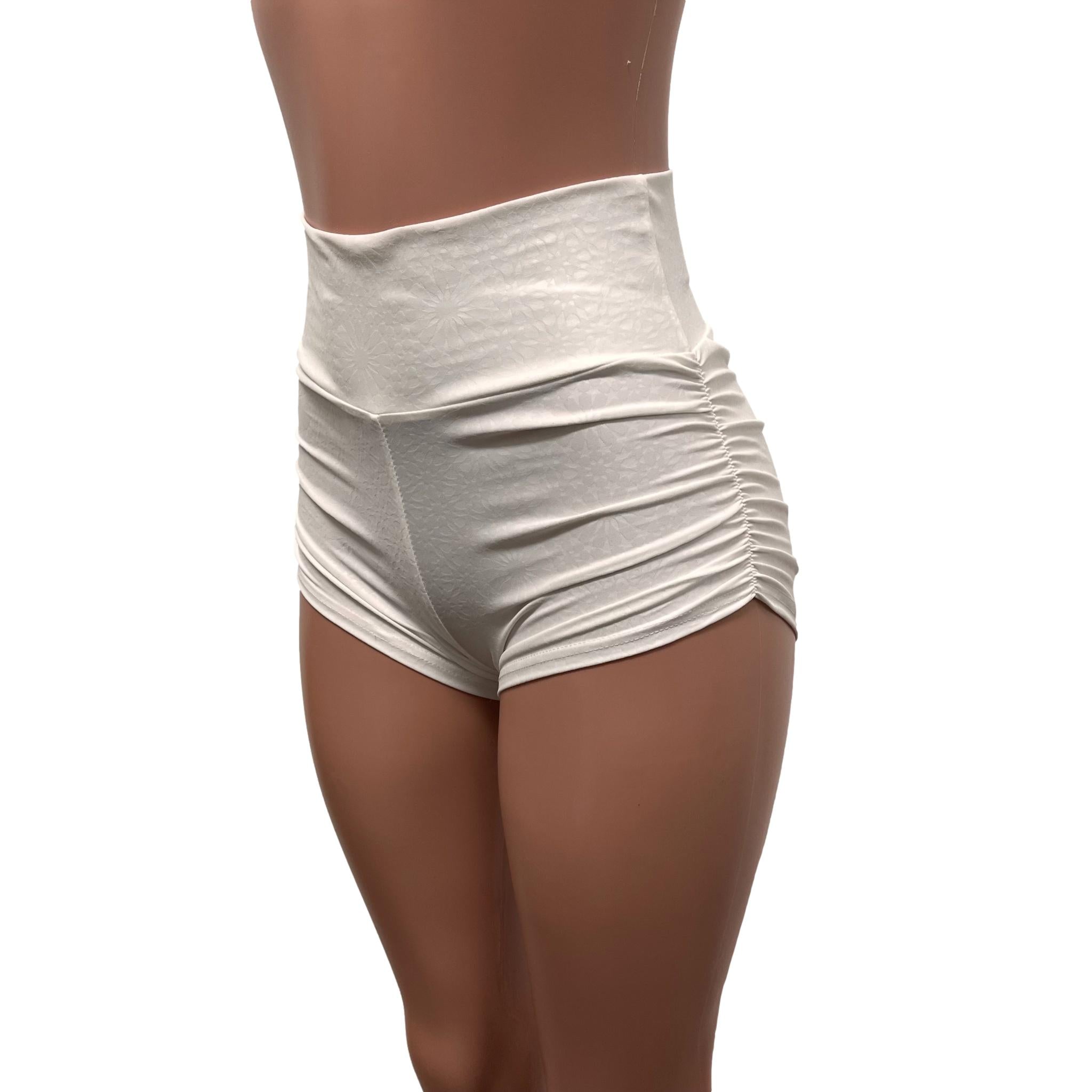 White Embossed Ruched Booty Shorts - Choose Low-Rise, Mid-Rise, Or