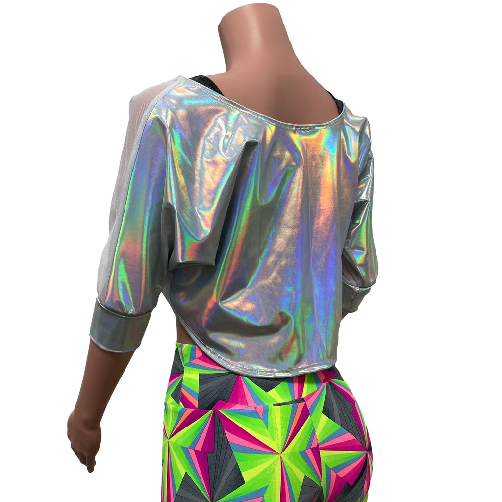 Dolman Crop Top in Opal Holographic and White Mesh | Loose Tee Rave Top - Peridot Clothing