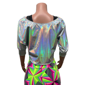 Dolman Crop Top in Opal Holographic and White Mesh | Loose Tee Rave Top - Peridot Clothing