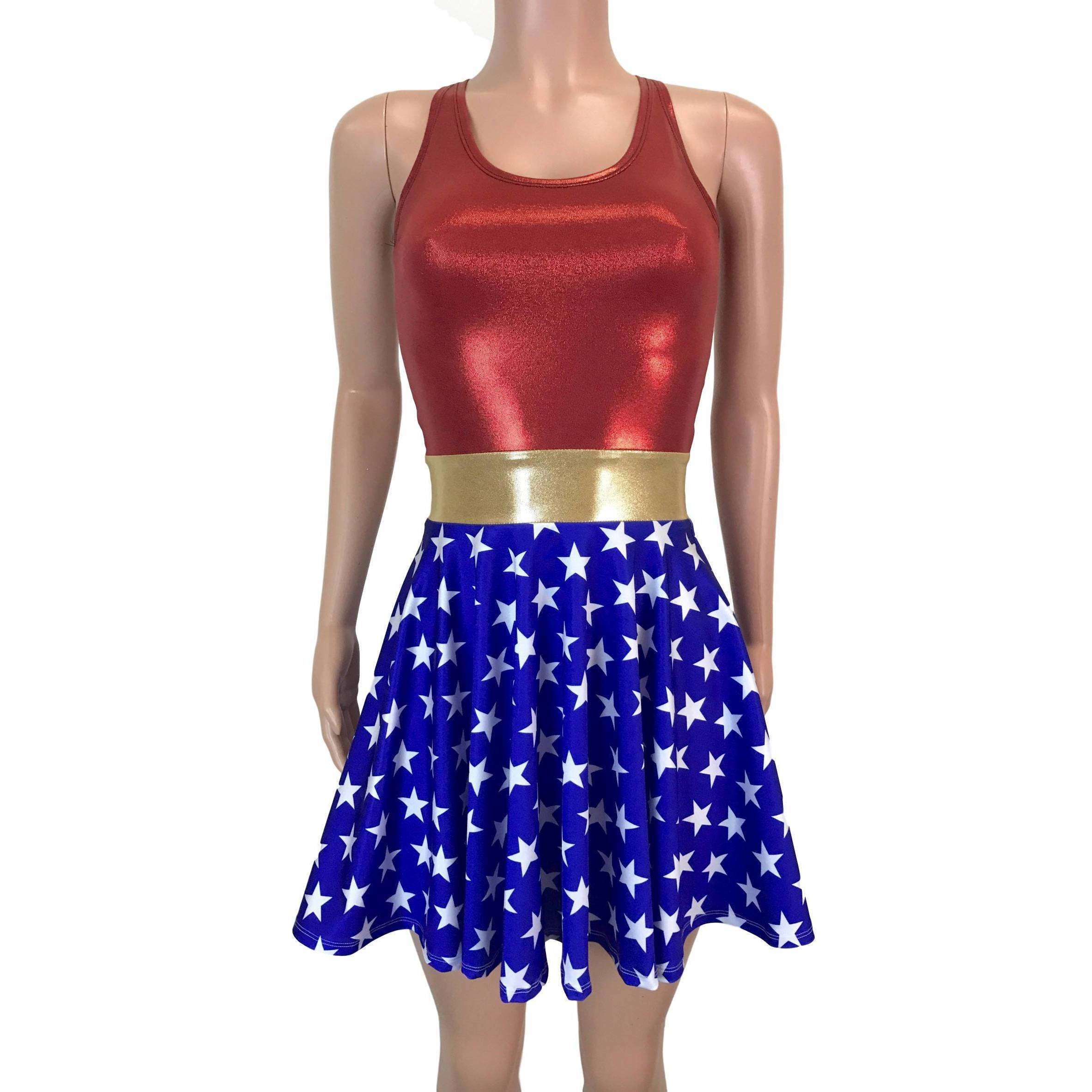 Wonder Woman Skater Dress Costume- Clubwear, Rave Wear, Mini Circle Skirt Medium Wonder Woman Skater Dress Costume- Clubwear, Rave Wear, Mini Circle Skirt Medium